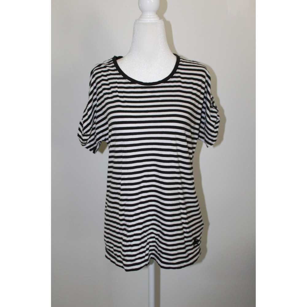 Burberry Brit Womens Black White Striped Ruched Sleeve Cotton T-Shirt Size S P
